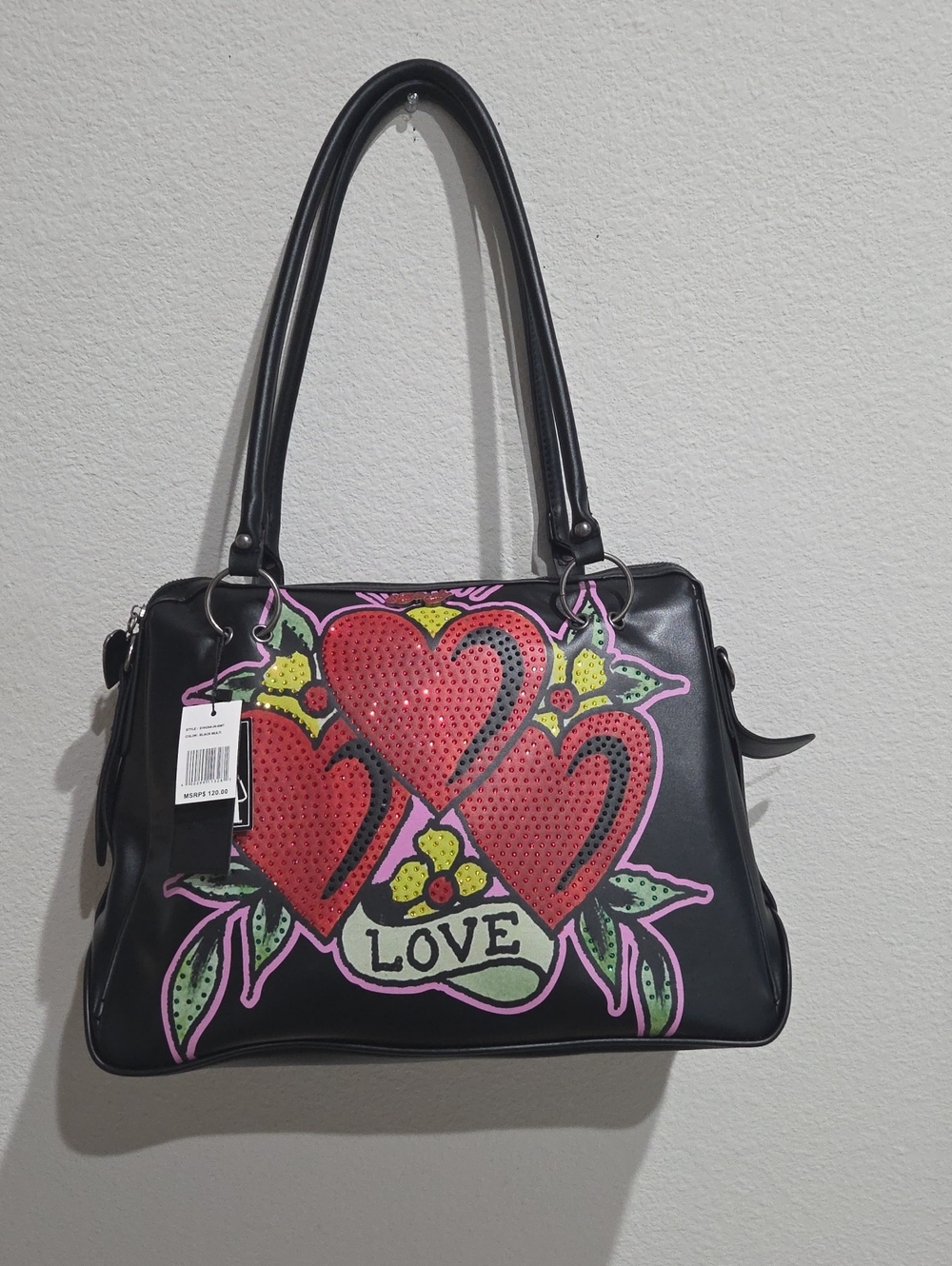Ed Hardy Black Red Hearts Rhinestons Graphic Tote Bag - LOVE Design